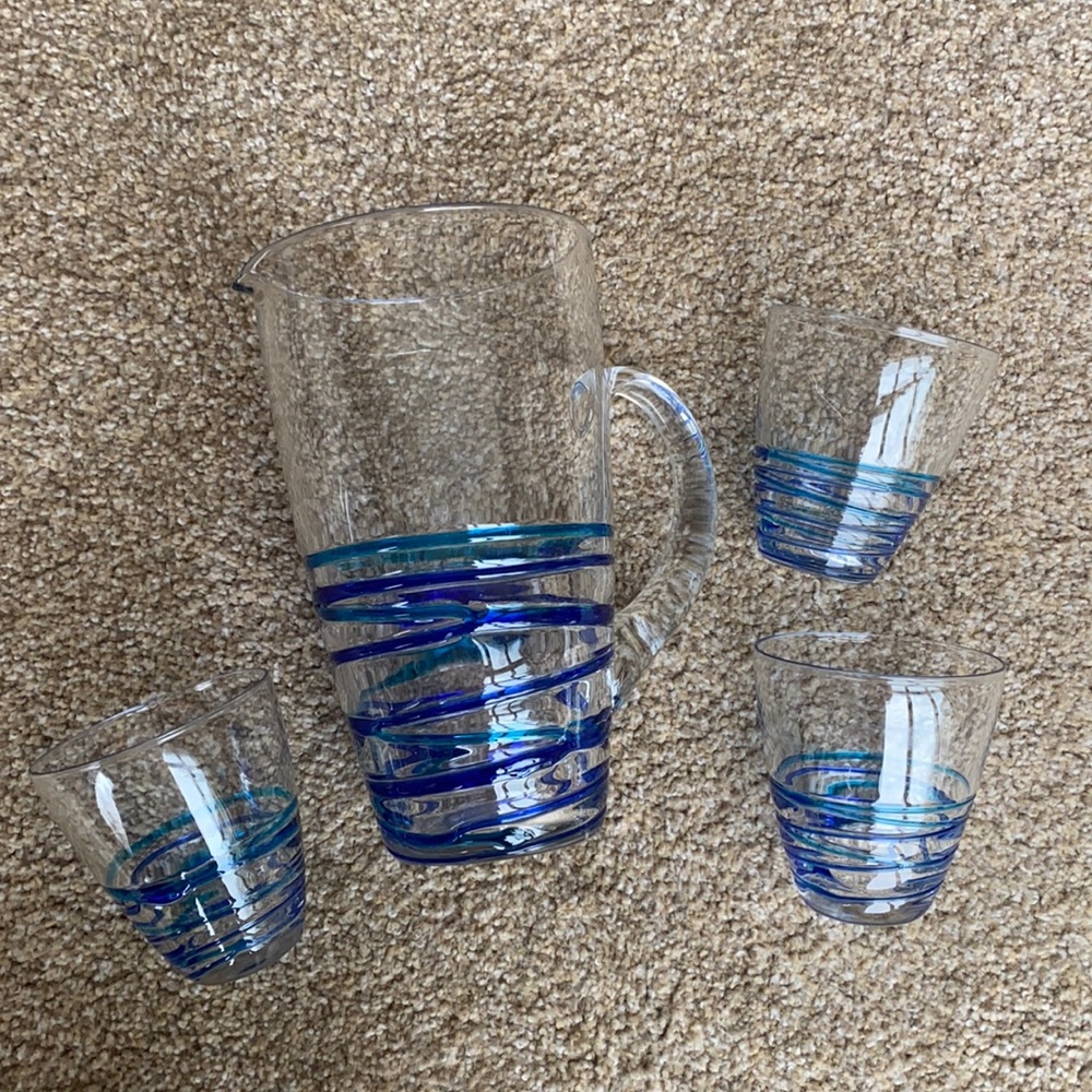 Pier 1 Glass two-tone blue glass pitcher with 3 matching glasses - Picture 1 of 11